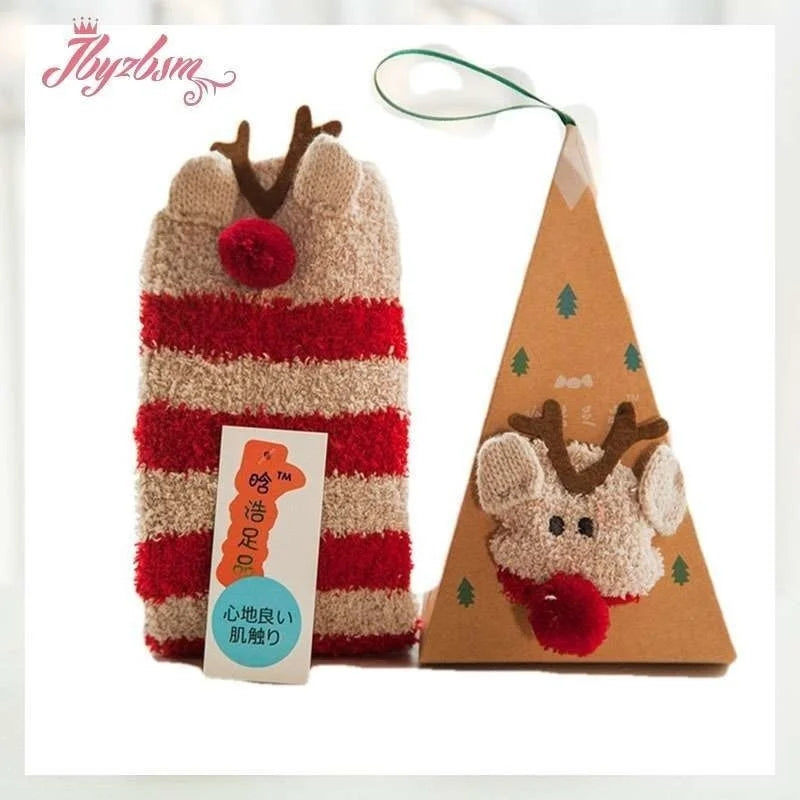2021 New coral fleece gift box socks winter thick cartoon embroidery landing Christma socks Santa Claus warm socks