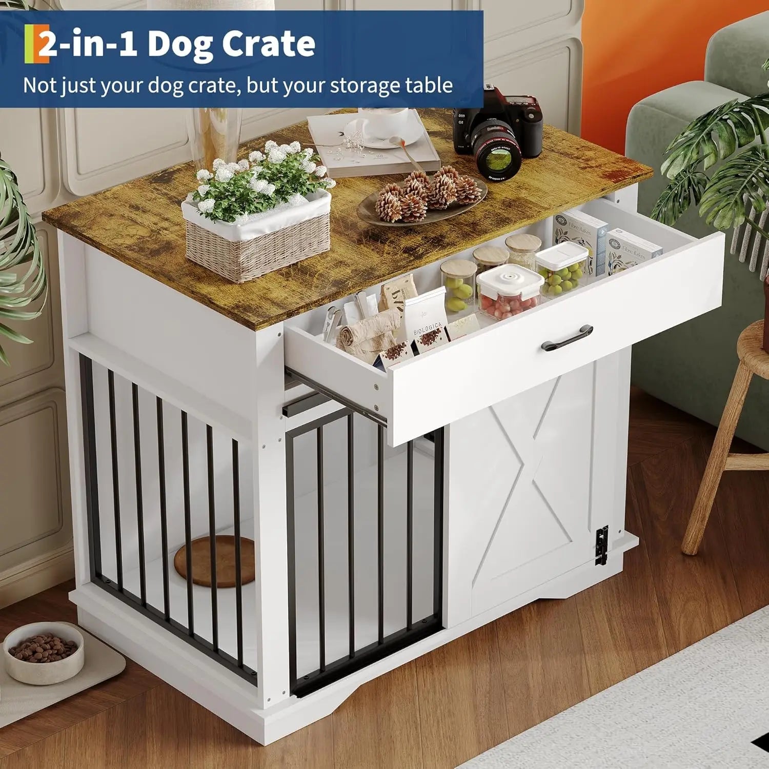Wooden Dog Kennel with Double Doors, Sliding Barn Door and Storage Drawer, Pet Cage House End Table, Buffet Cabinet & Side Table