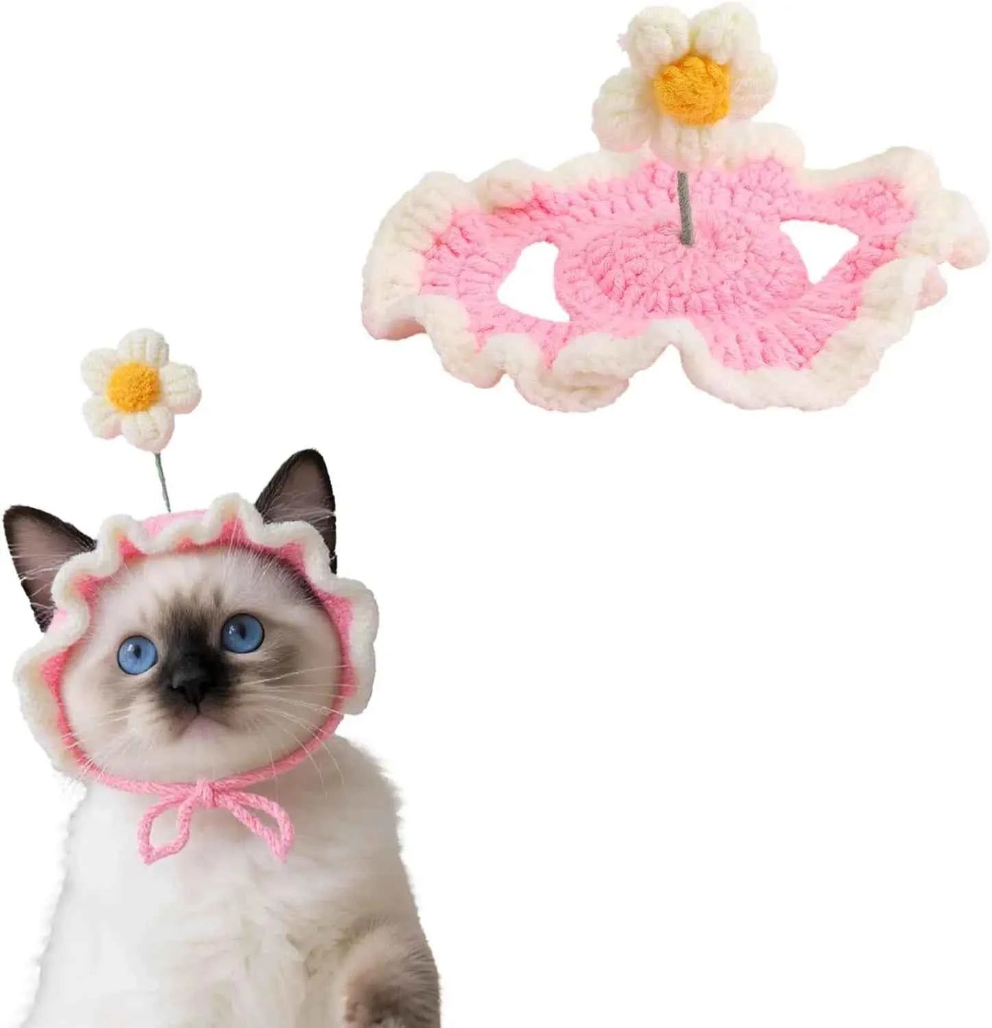 Cat Hat, Cute Flower Crochet Cat Hat Knitted Costume Headwear for Kitten Dog Puppy Pet Small Knit Cap Clothes Decoration