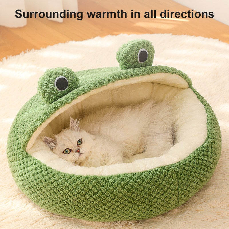 New Pet Nest Winter Warm Dog Den Cat Villa Plush Pets Mattress Small Frog Shape Semi Enclosed Kitten Puppy House Pet Supplies - Play Paws Toys