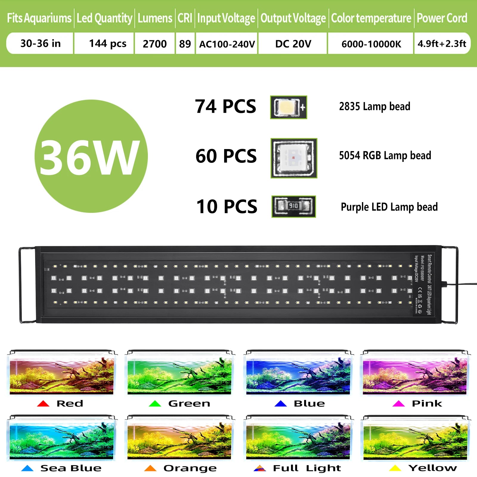 75-90CM Fish Tank Full Spectrum With Remote Control LED Light Aquarium DIY Weather Mode Plant Grow Light IP68 110V-240V