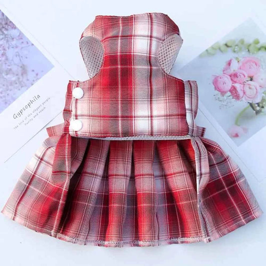 Reusable with Leash Traction Dog Plaid JK Dress Thin Dacron Pet Harness Skirt Adjustable Washable Dog Bow Skirt Rabbit