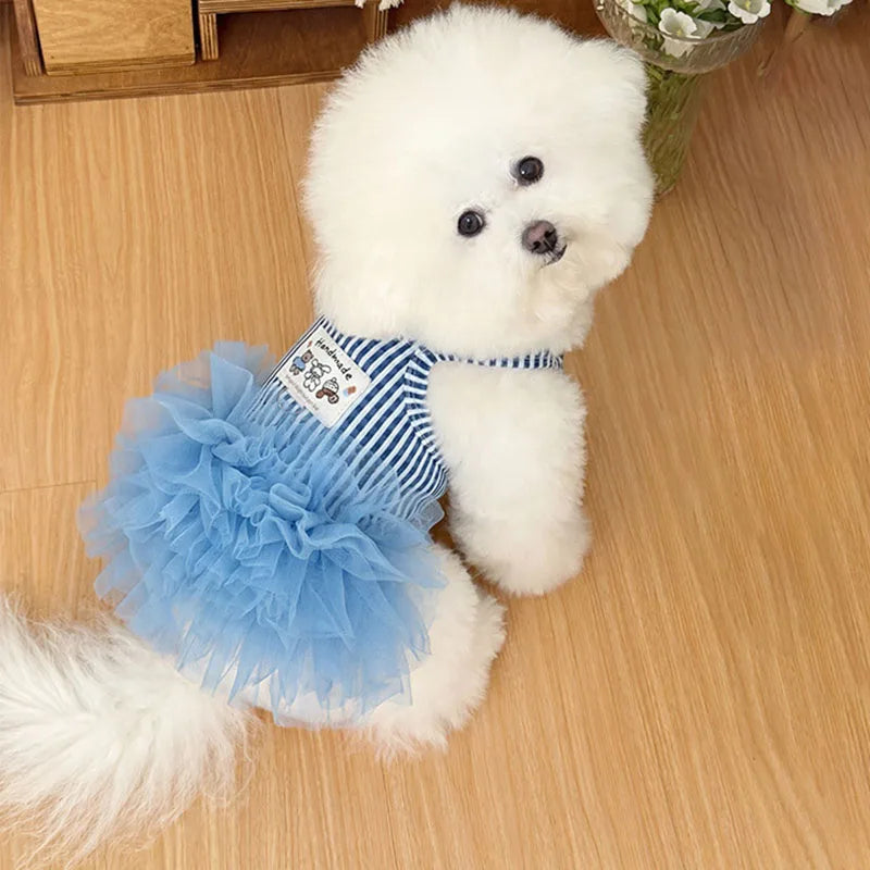 Blue Striped Dog Princess Dress, Summer Breathable Pet Tulle Skirt for Small Dogs Girls, Cute Puppy Clothes for Bichon Chihuahua