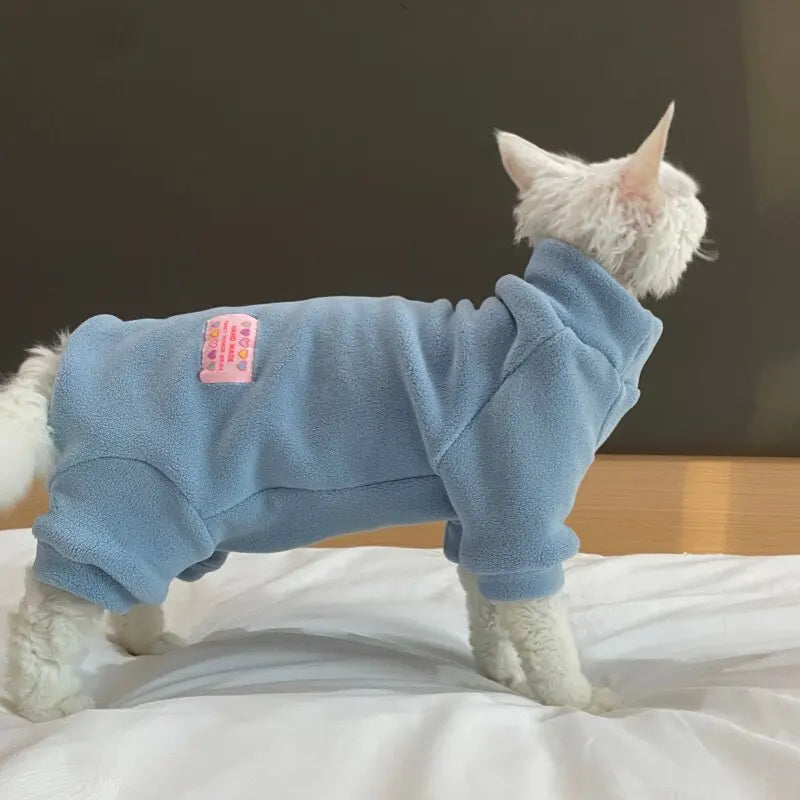 Fleece Coat for Sphynx Cat Warm Sweatshirt 4-legged Jumpsuit for Kittens Dogs soft Loungewear for Male Cat Devon Rex Sweater - Play Paws Toys