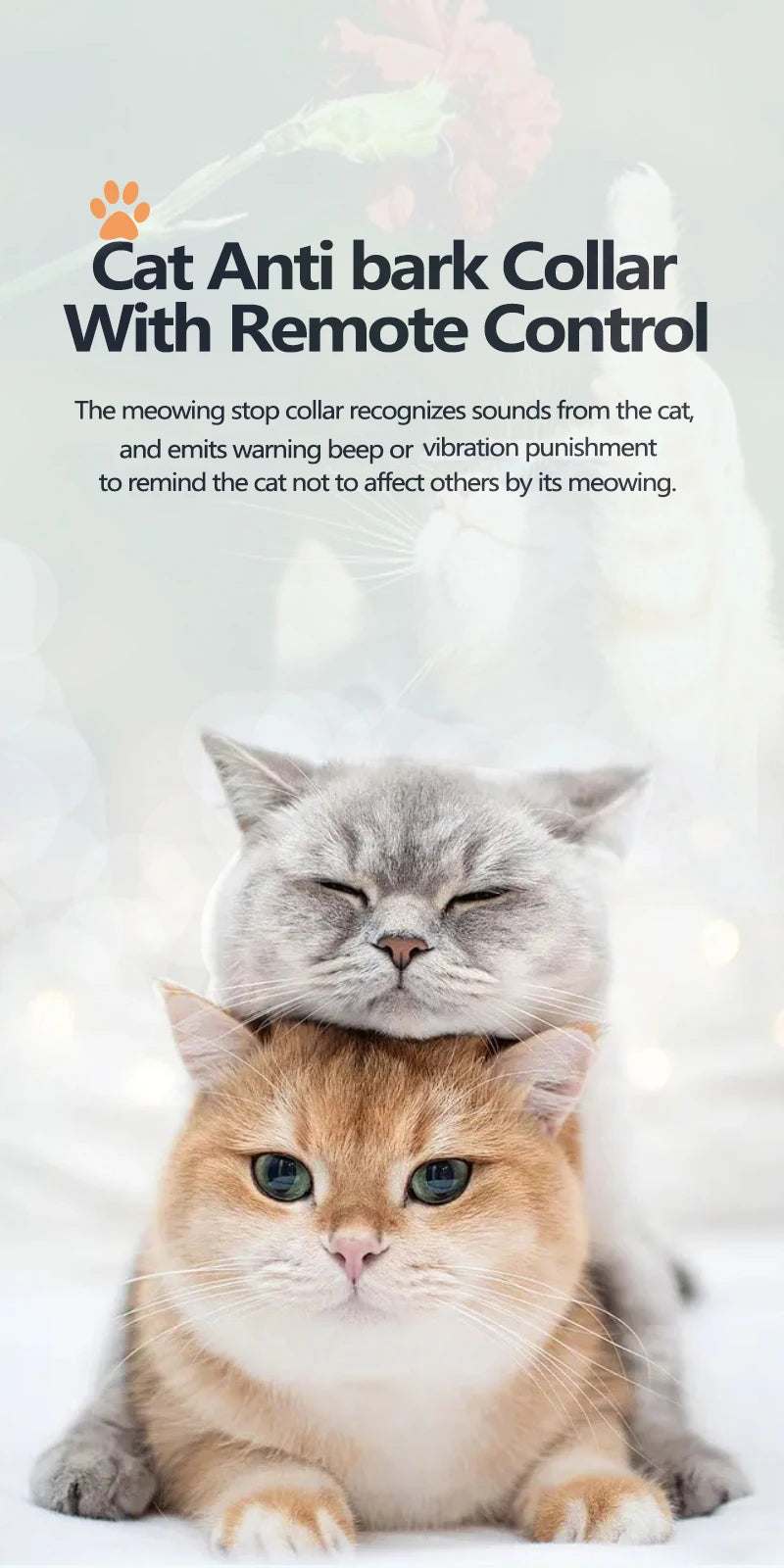 Cat Training Collar,Cat Anti Meow Collar,No Shock Bark Collar,Vibration Collar for Deaf Dogs,Beep Vibration Mode IPX7 Waterproof
