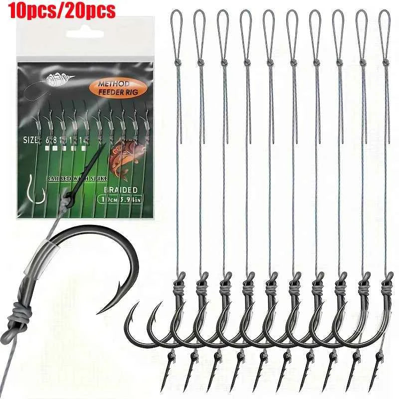 10/20pcs Method Feeder Rigs with Barbed Spike and 8 Braided Line,High-strength Barbed Fish Hook Size6 8 10 12 14,Feeder Fishing