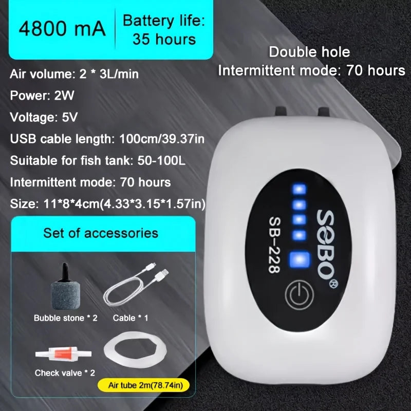 Rechargeable USB Fish Tank Air Pump 4800mAh Battery Silent Oxygen Pump with 1M Tube for Aquarium Outdoor Breeder Tanks Portable