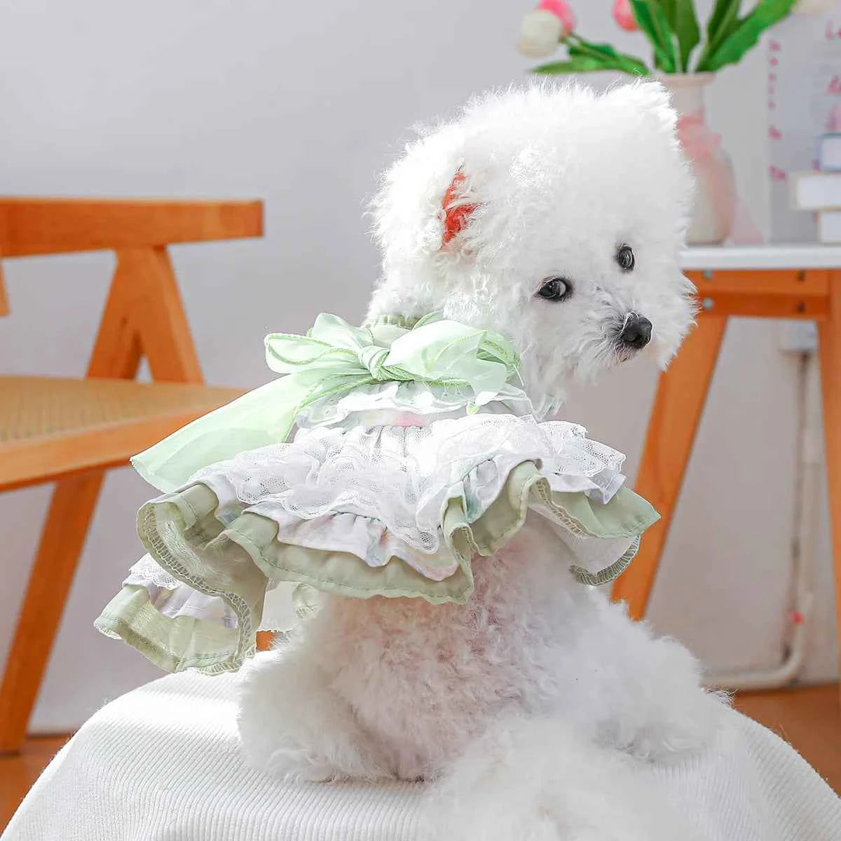 Elegant Bow Princess Dresses for Puppies Kittens Delicate Breathable Dog Dress Soft Cat Dress Spring/Summer Green Pet Clothing