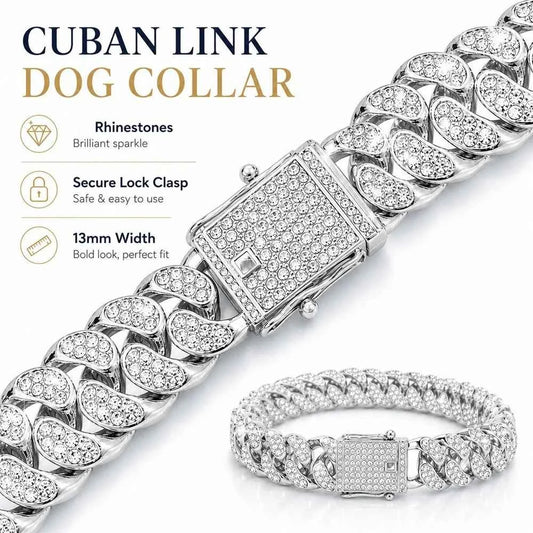 Shiny Rhinestone Cuban Chain Dog Pet Necklace Fashionable and Durable