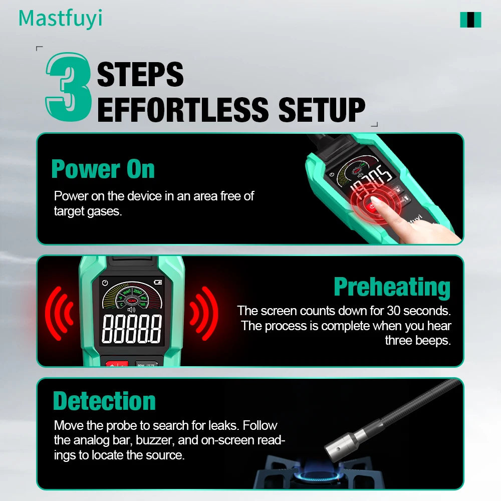 MASTFUYI FY8838 Professional Gas Leak Detector 0-9999PPM - Portable Combustible Gas Sniffer for Methane LNG Audio Visual Alarm