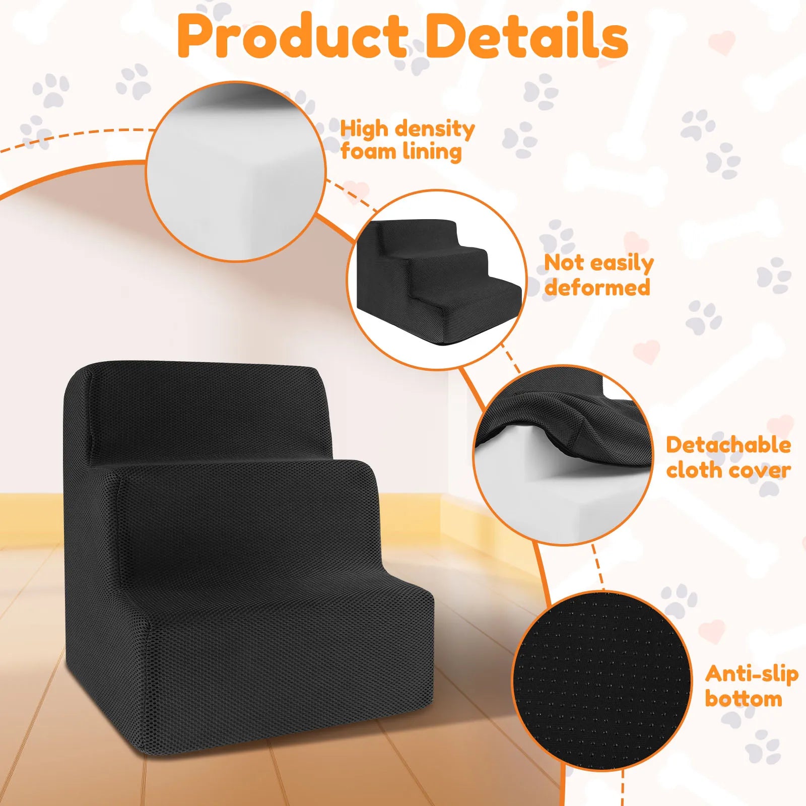 3 Step Dog Pet Stairs Ramp Ladder Training Non-Slip High Density Soft Foam Removable for High Bed or Couch Pet Supplies