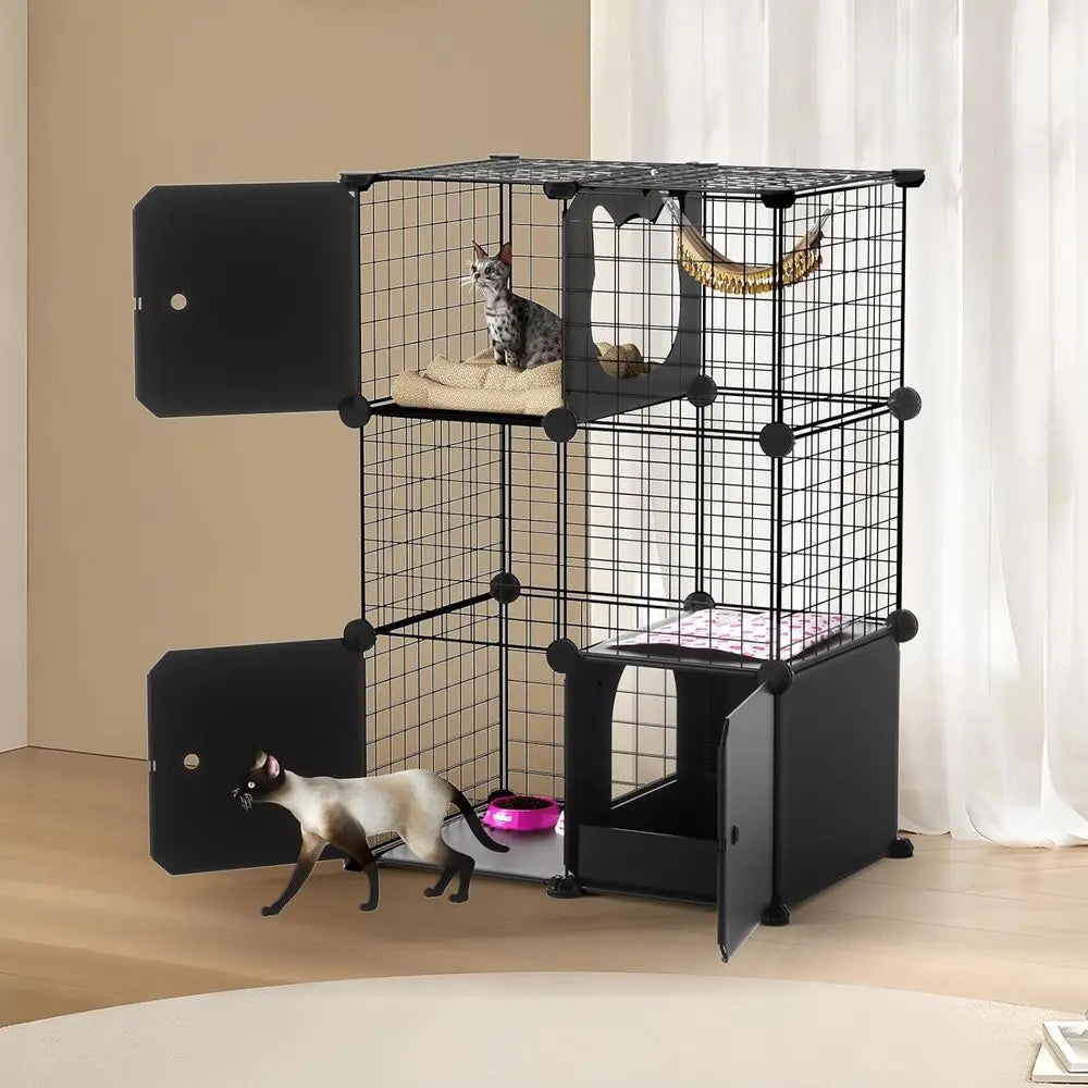 Cat Enclosure Indoor with Litter Box, 3-Tier Metal Wire Cat Cage, DIY Detachable Design for Cats, Kittens & Small Animals, Multi - Play Paws Toys