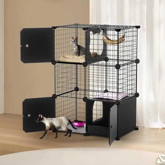 Cat Enclosure Indoor with Litter Box, 3-Tier Metal Wire Cat Cage, DIY Detachable Design for Cats, Kittens & Small Animals, Multi - Play Paws Toys