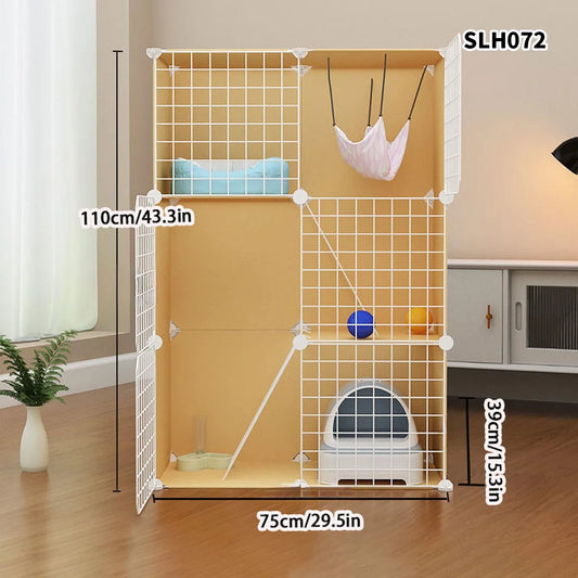 Cat Cage, Cat Villa, Yellow Cage, Natural Wood Color Pet Cage, Free Assembly, Multi-Cat, Space-Saving, Three-Layer Iron Mesh Cage, Household Cat Cabinet - Play Paws Toys