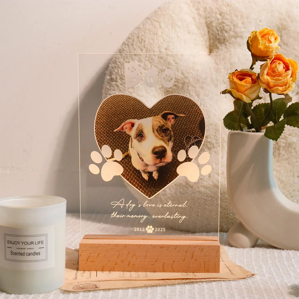 Personalized Pet Memorial Night Light Custom LED Photo Frame with Name Date Acrylic Wooden Stand for Loss Dog Cat Home Decor