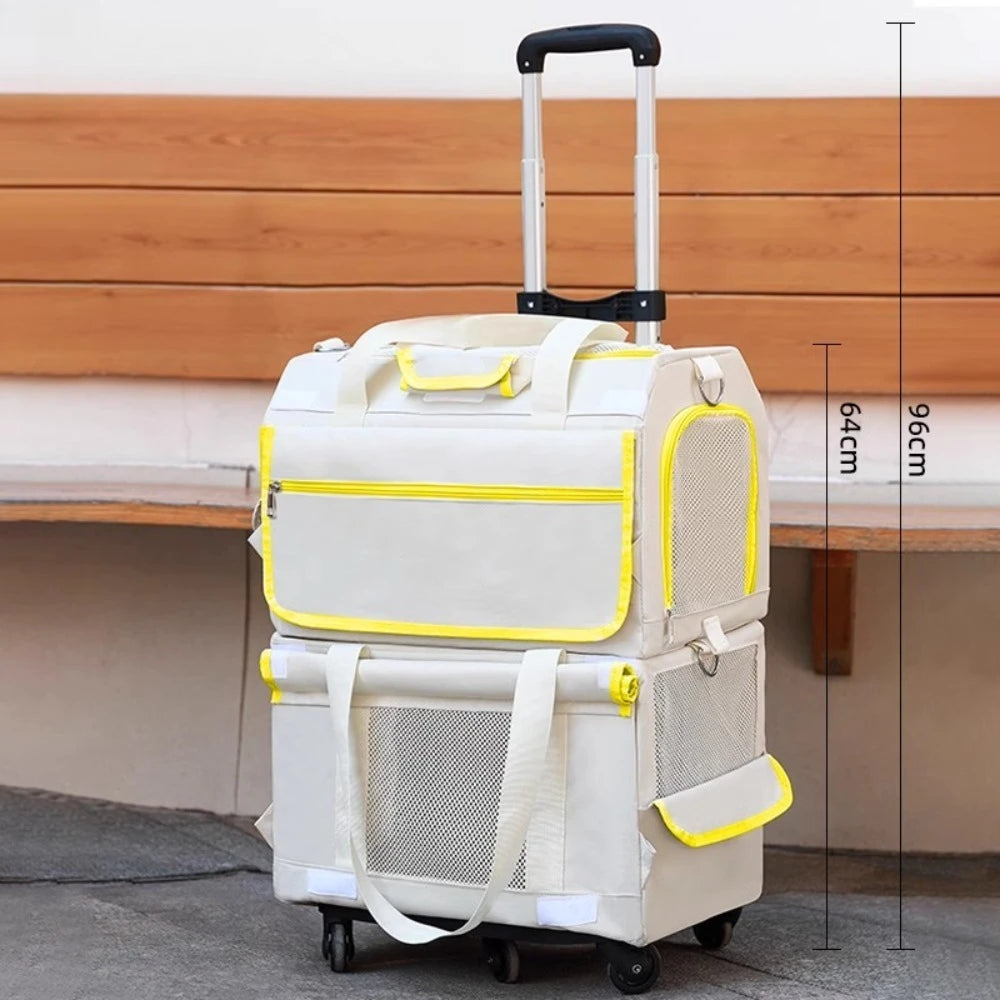 Double Layer Breathable Pet Carrier with Wheels Foldable Outdoor Travel Cat Trolley Case for Two Cats Portable Pet Trolley bag - Play Paws Toys