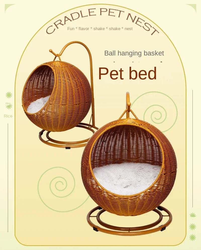 Semi-enclosed Pet Hammock Hanging Cat Nest Round Rattan Cat Cage Cat Bed with Plush Cushion Pet Cradle Bed Cat Accessories - Play Paws Toys