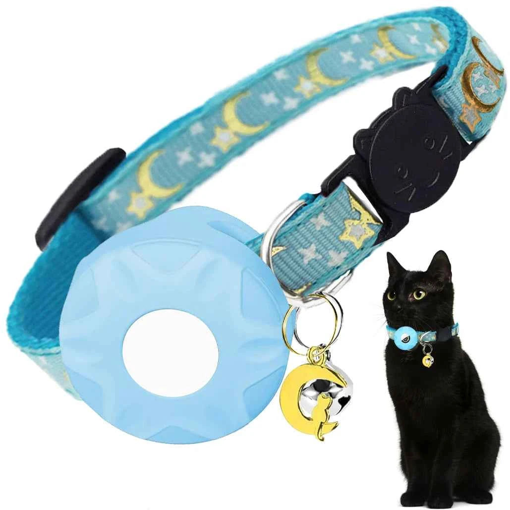 Apple Tag Pet Collar with AirTag Holder & Moon Ornament for Kitten Collar Girl Boy Cats, Small Dog Collar Kitten Accessories