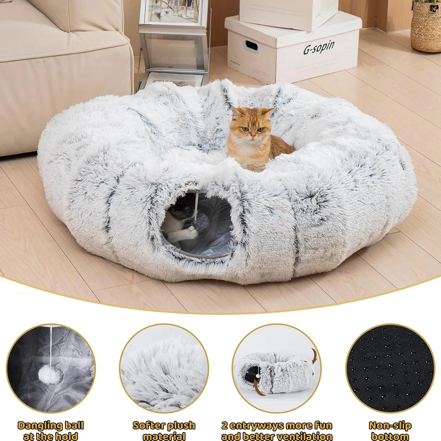 Winter New Arrival Plush Cat Tunnel Bed Foldable Two-in-One round Warmth Pet Nest Thickened Cozy Cuddly Cat Hideaway - Play Paws Toys