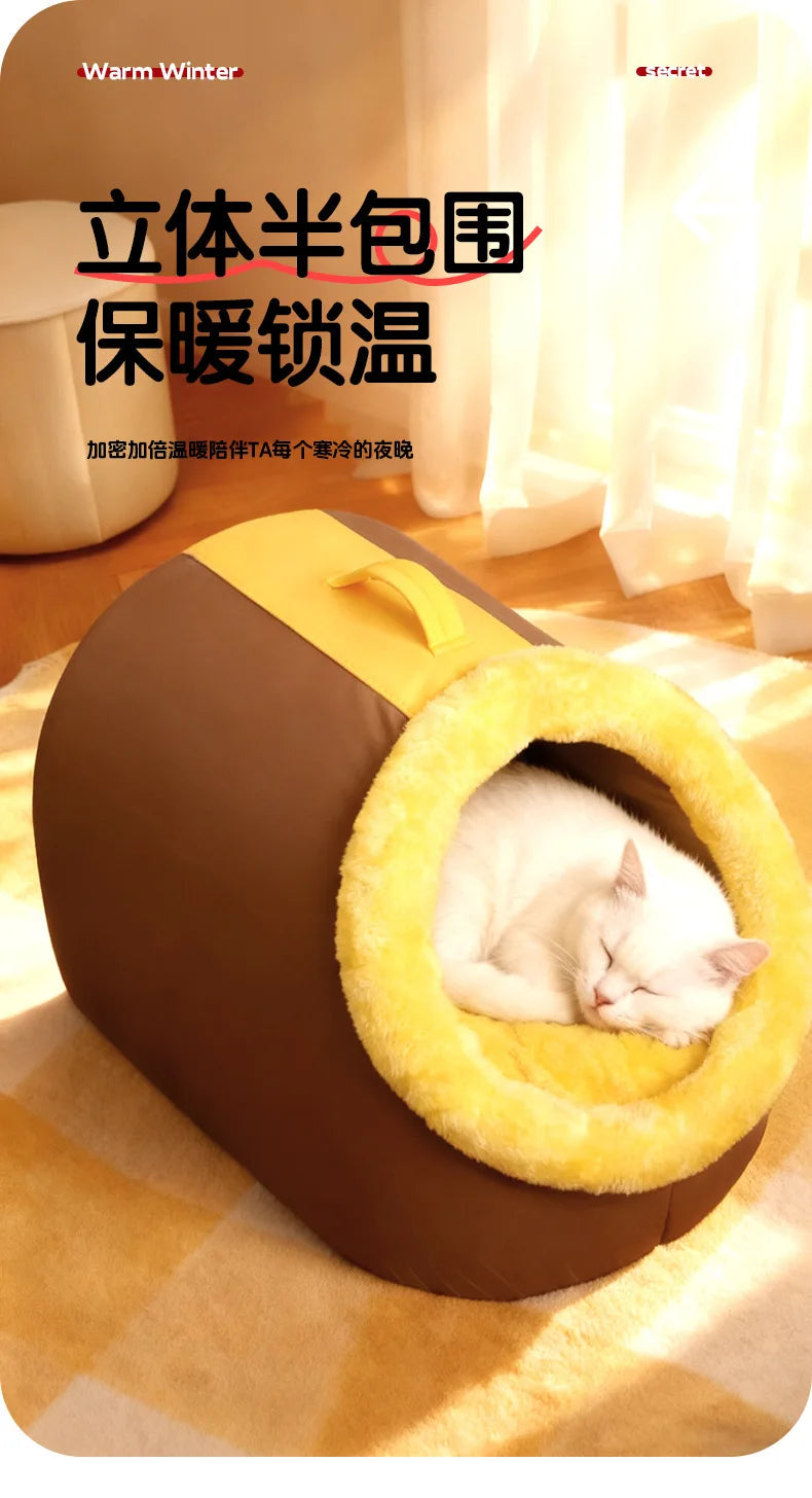 Winter Closed Cat Bed Leather Handheld Pet Bed Small Dog Bed Thickened and Fleece-Lined Warm Cat Sleeping Mat - Play Paws Toys