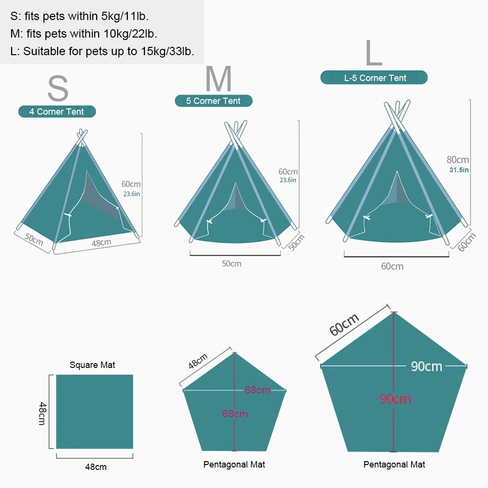 Pet Teepee Dog Cat Bed Tent with Thick Cushion Portable Puppy Houses for Cats Dogs Rabbits Up to 15kg/33lbs