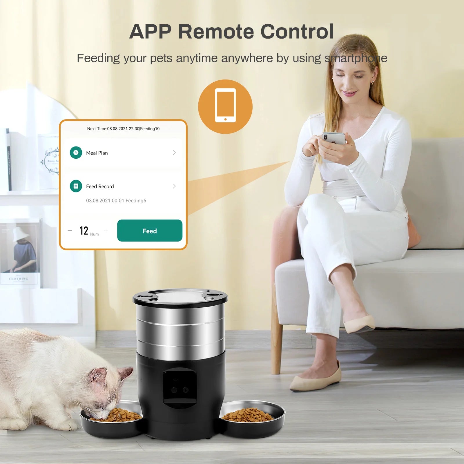 4.5L Automatic Cat Feeder With WiFi Button Smart Pet Cat/Dogs Food Dispenser Two Stainless Steel Bowls Feeder Pet Supplies