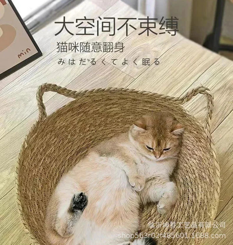 Rattan Weaving Cat Basket Bed With Soft Cushion Round Donut Design Cozy Warm Comfortable Sleeping Nest For Cats And Dogs - Play Paws Toys