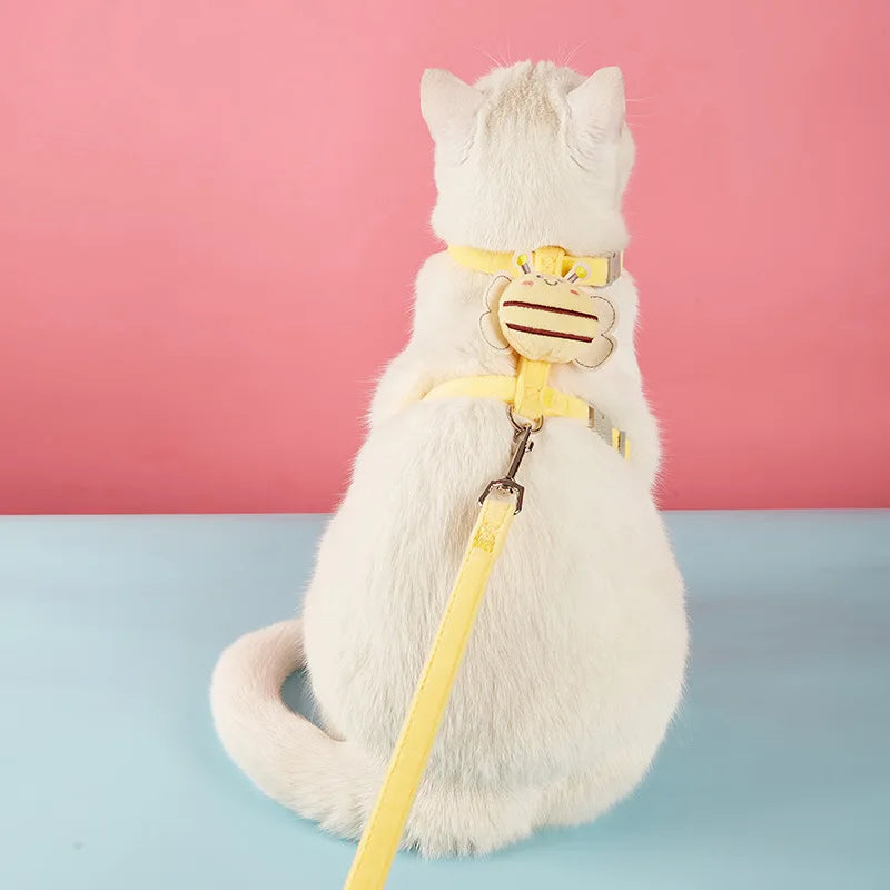 Cat Harness Leash Collar Set Adjustable Cartoon Bee Double Layer Dog Harness for Small Medium Pet Collar Leash Outdoor Walking