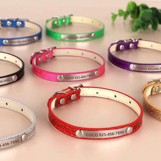Personalized Cat Collar Bling PU Leather Cat Collars Free Custom Pet Puppy Kitten ID Necklace Adjustable for Cats Small Dogs