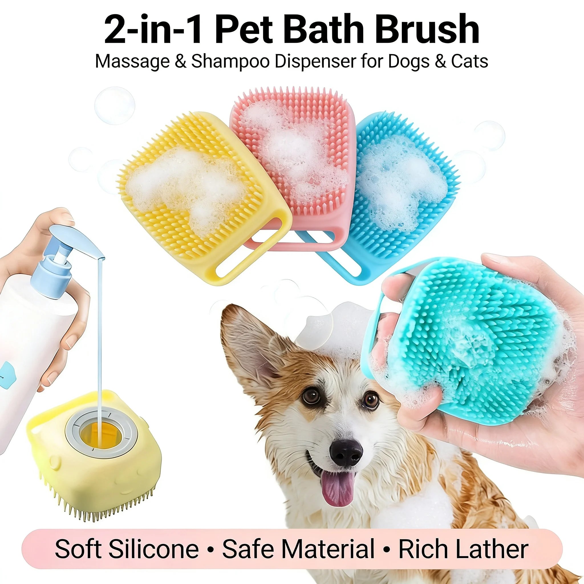 Pet Bath & Massage Brush 2-in-1 Silicone Dog Cat Grooming Tool with Shampoo Dispenser for Bathing Washing Sensitive Skin Puppies and Kittens
