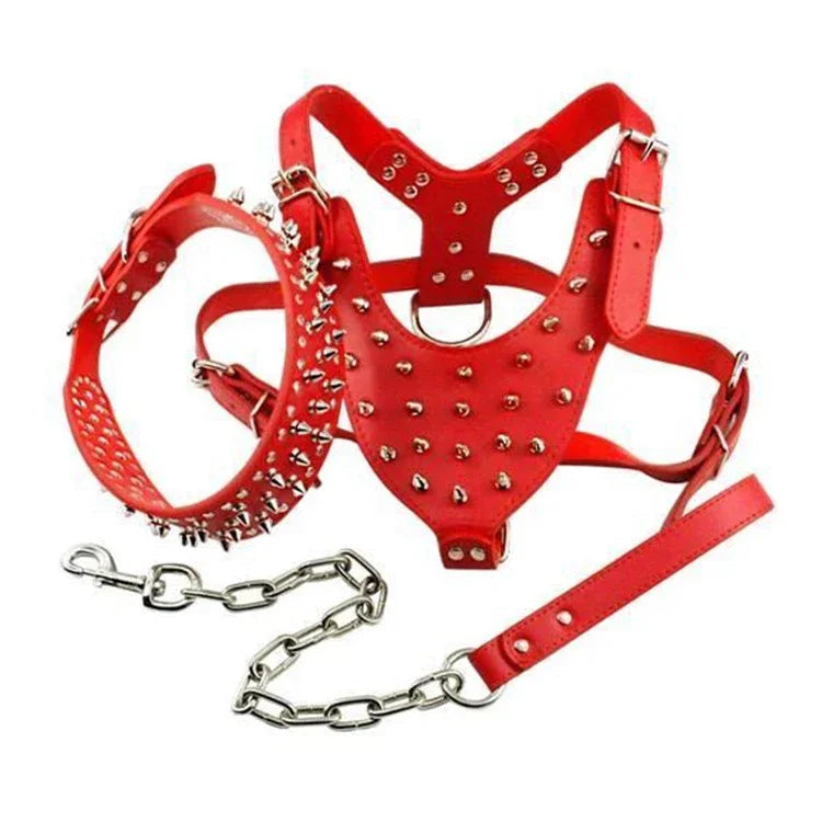 3pcs Set Dogs Kingdom Spiked Studded Dog Harness Collar Chain Walking Training Adjustable Leather Dog Pet Collar Harness Leash