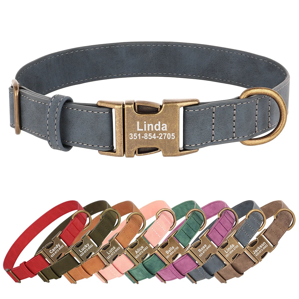 Personalized Anti-lost Dog Collar Custom Dog ID Tag Collars Soft PU Leather Pet Collars Free Engraved Metal Buckle For Bulldog - Play Paws Toys