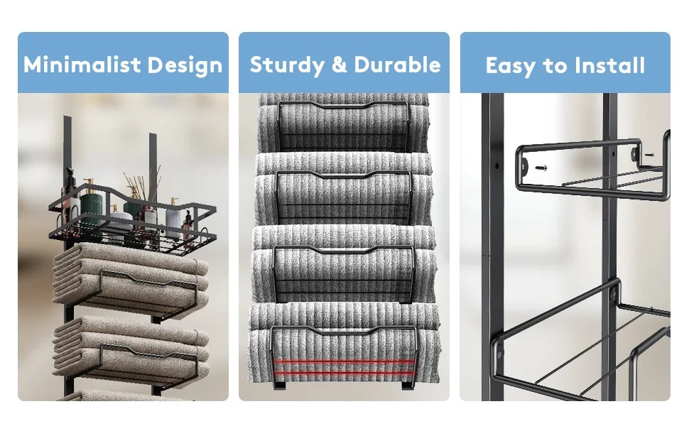 Hanging Towel Racks For Bathroom No Drill - 6-Tier Over The Door Bath Towel Storage Organizer For Small Bathrooms - Tiered Back