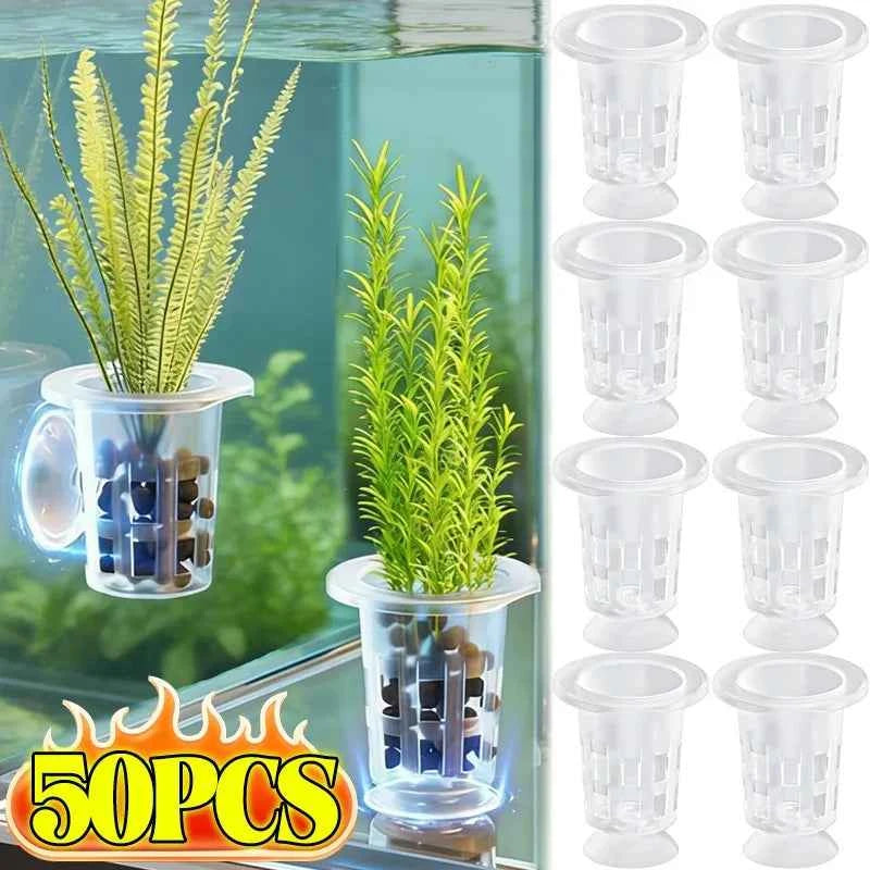 50/10PCS Clear Plastic Aquarium Planting Cups with Suction Base Water Grass Grow Containers for Freshwater Fish Tank Decoration