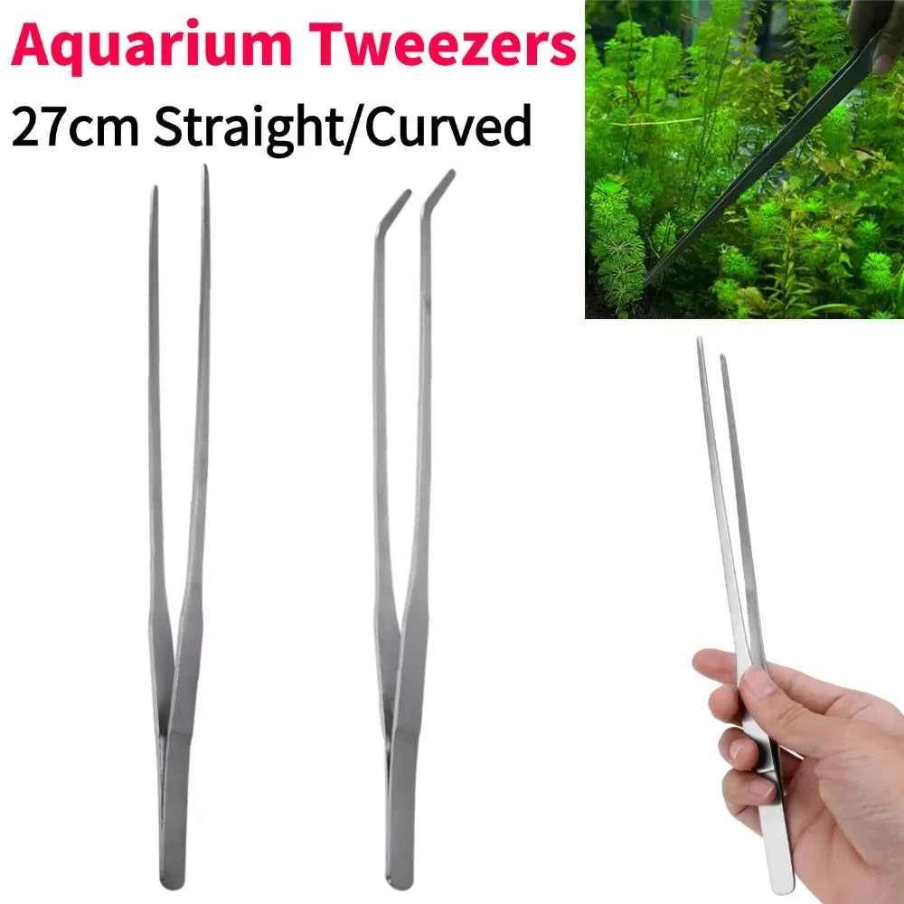 Stainless Steel Aquarium Tweezers Pliers Fish Tank Plant Aquascape Tools Straight Curved Forceps Clip Aquatic Feeding Tongs 27cm