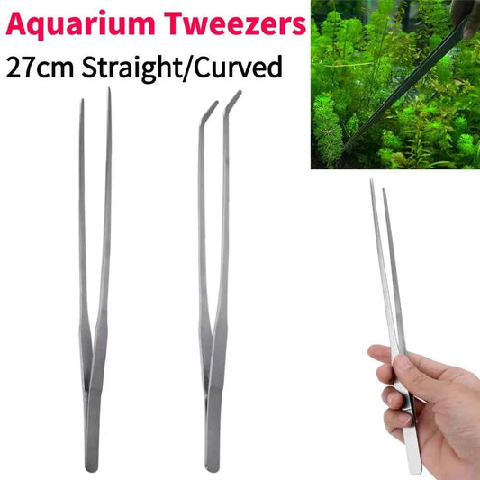 Stainless Steel Aquarium Tweezers Pliers Fish Tank Plant Aquascape Tools Straight Curved Forceps Clip Aquatic Feeding Tongs 27cm