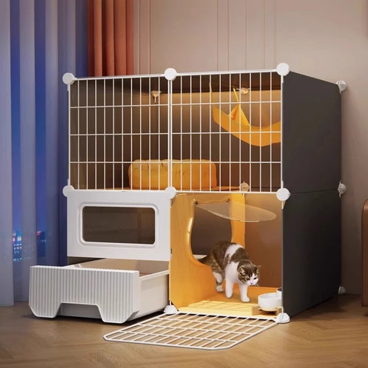 Large Cat Cages with Bed & Litter Box Indoor Multi-Level Cat House Spacious 3-in-1 Pet Villa Roomy Playpen with Resting Area - Play Paws Toys