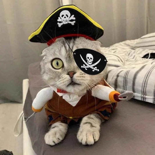 【New style】Cat Pirate Costume - Pet Hat, Skull Triangle Bandana, Halloween For Dogs Cats With Captain Headwear And Party Neckla