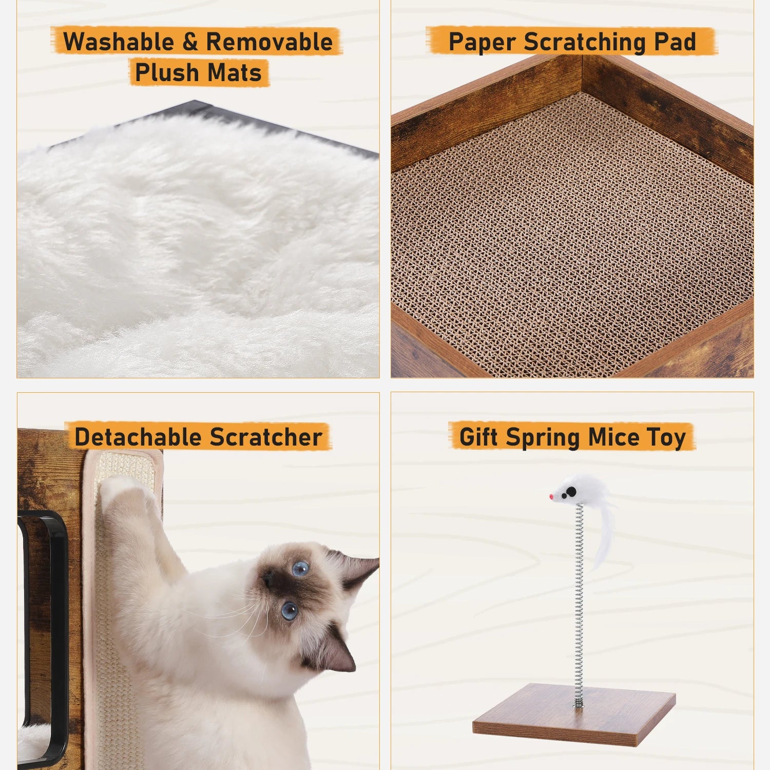 Wood Cat Condo House Bed with Removable Soft Mats Modern Cat Tree Tower with Scratching Pad Cat Scratcher Furniture Kitten Toys - Play Paws Toys