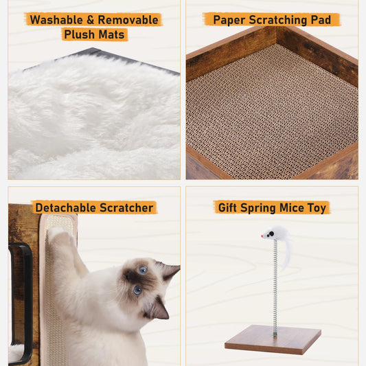 Wood Cat Condo House Bed with Removable Soft Mats Modern Cat Tree Tower with Scratching Pad Cat Scratcher Furniture Kitten Toys - Play Paws Toys