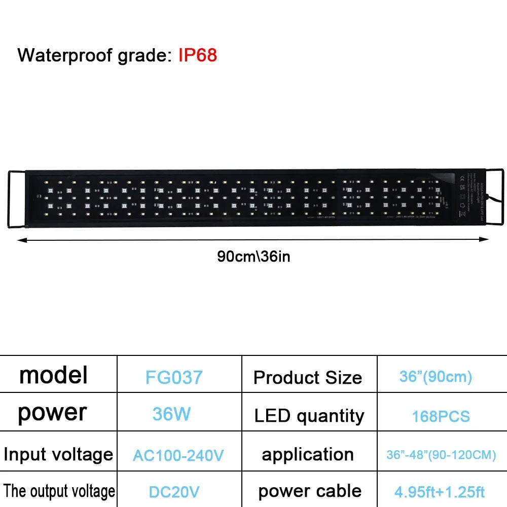 75-90cm 24/7 Aquarium Full Spectrum Lighting LED Light Fish Tank Decoration Plant Growth Dimmer Lamp IP68 Waterproof 100V-240V