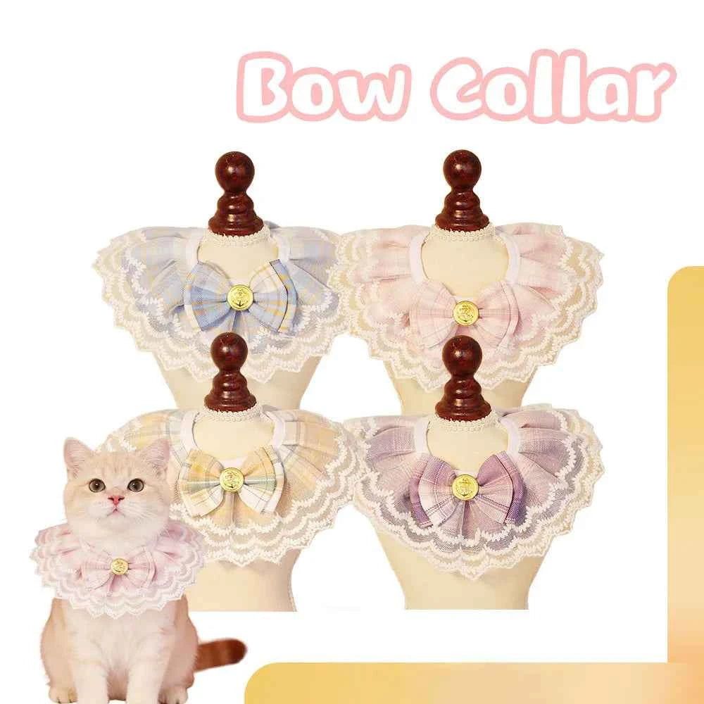 Tartan Pet Bibs Cute Lace Trim Bow Cat Dog Collar with Bow Tie Small Dog Scarves Pet Accessories Cat Supplies