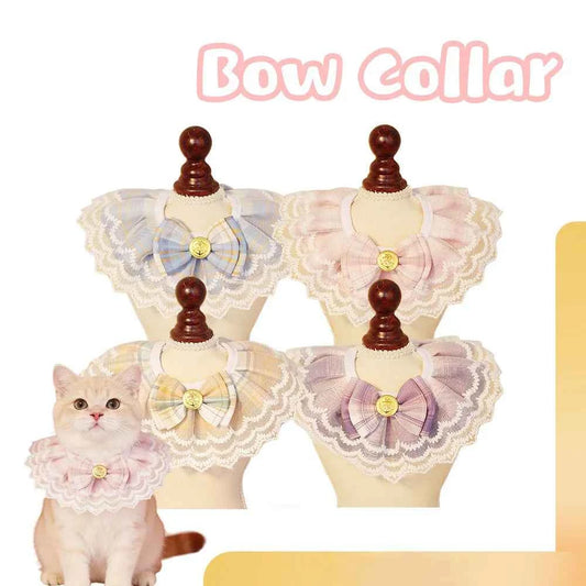 Tartan Pet Bibs Cute Lace Trim Bow Cat Dog Collar with Bow Tie Small Dog Scarves Pet Accessories Cat Supplies