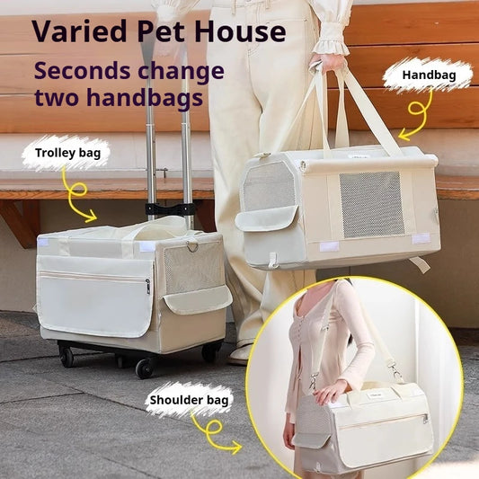 Double Layer Breathable Pet Carrier with Wheels Foldable Outdoor Travel Cat Trolley Case for Two Cats Portable Pet Trolley bag - Play Paws Toys