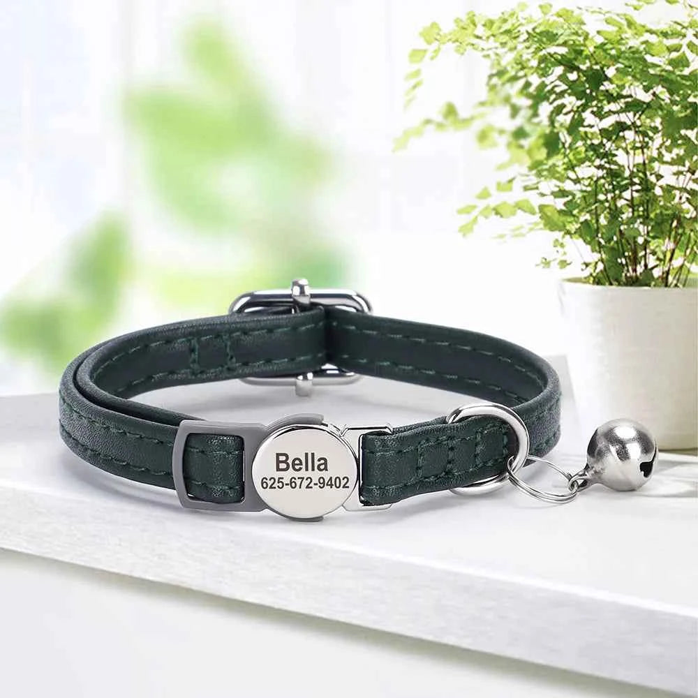 Custom Cat Collar Personalized PU Leather Kitten Puppy Collars Free Engraved ID Nameplate Necklace With Bell for cat Anti-lost