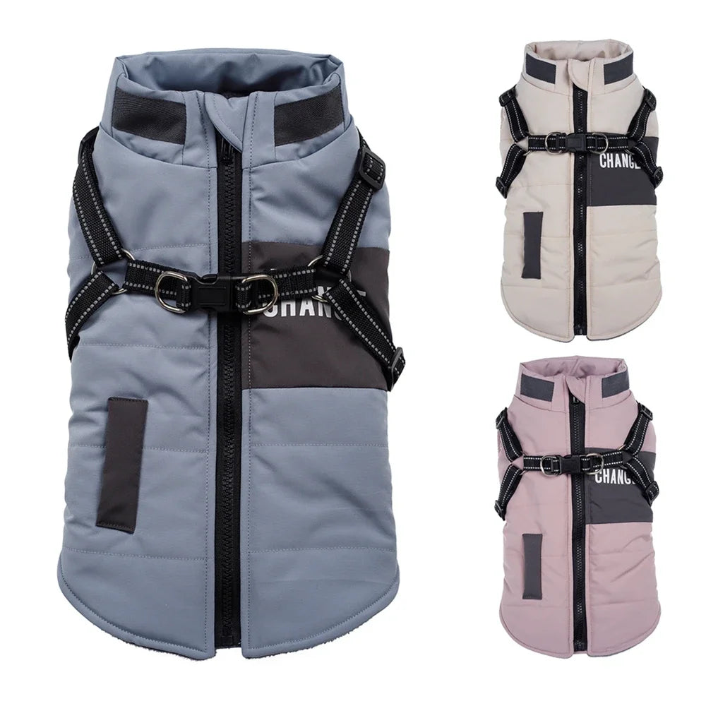 Pet Dog Wind Breaker with Dual D Leash Vest Dog Jacket Warm Dog Hoodie Warm Dog Clothes