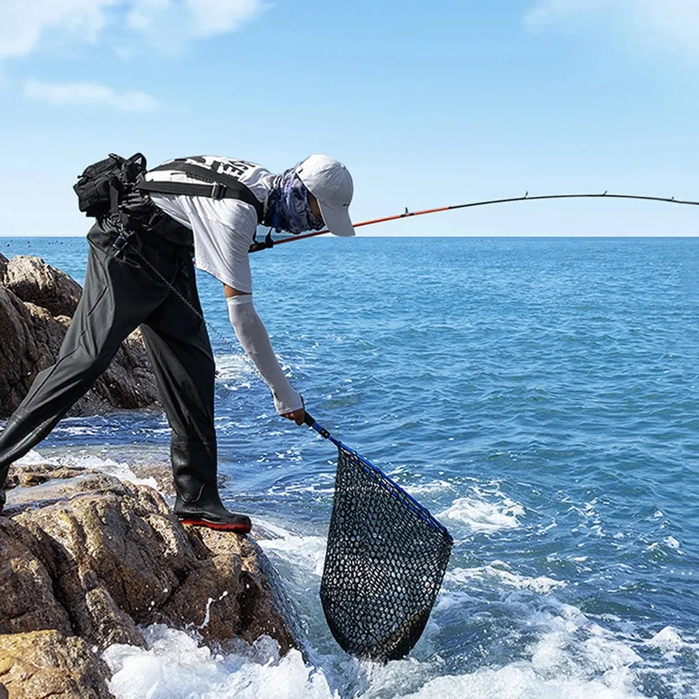 Portable Sea Fishing Long Hand Net Dip Net Folding Lure Nets Pocket Ultra Light for Big Fish Casting Fishing Silicone Mesh Tools
