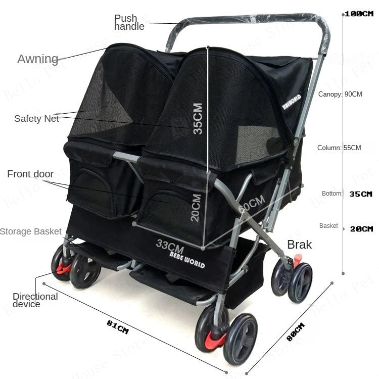 Multifunctional pet car Ultra-light two-seater pet buggy Detachable and washable trolley Universal pet car for cats and dogs - Play Paws Toys