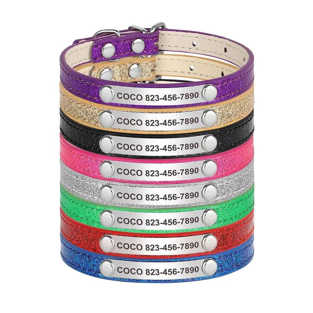 Personalized Cat Collar Bling PU Leather Cat Collars Free Custom Pet Puppy Kitten ID Necklace Adjustable for Cats Small Dogs