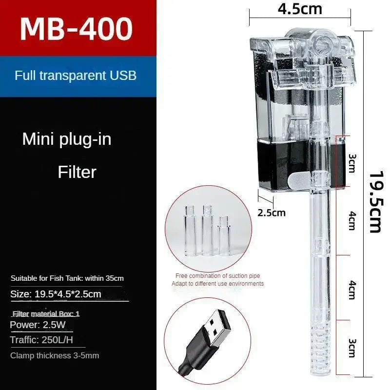 Aquarium Hang on Filter Mini Filter Fish Tank USB Power Interface 2.5W Flow Suitable for Fish Tanks Below 30cm Quiet Operation